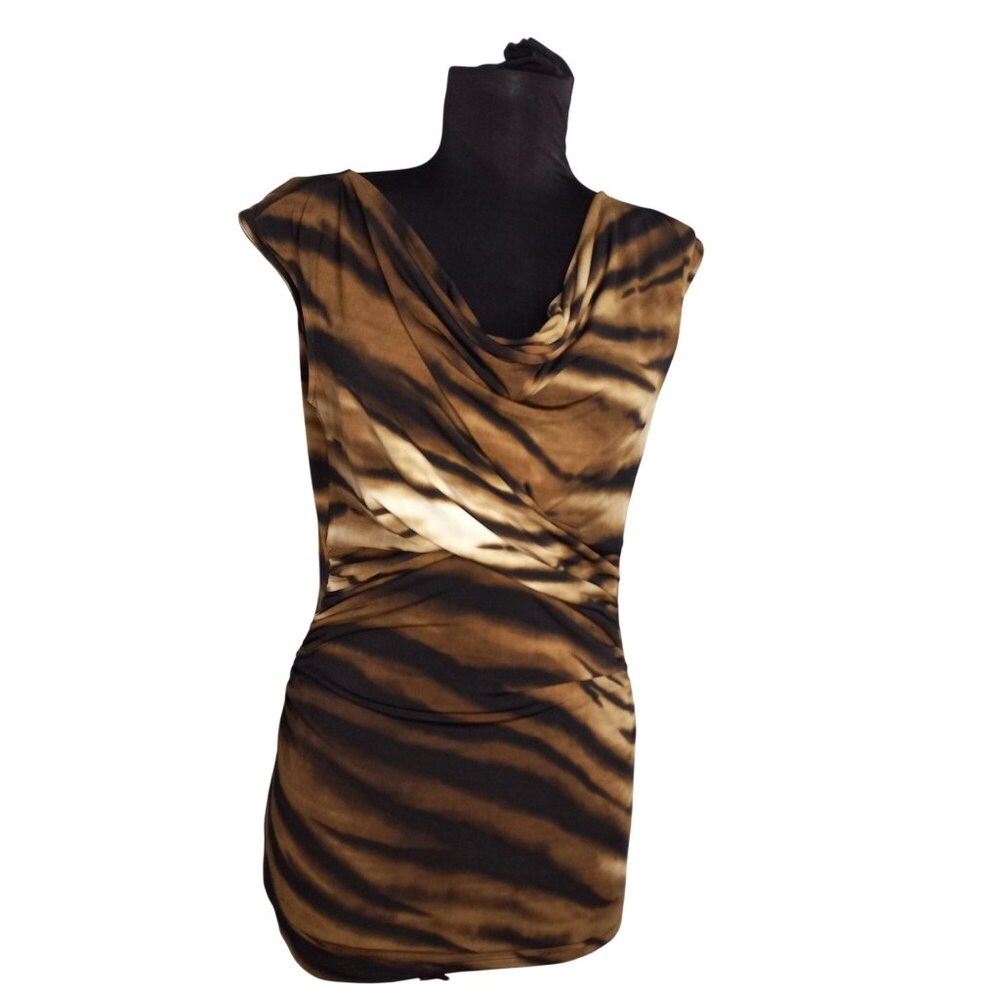 Vince Camuto XS Top Sleeveless Tiger Print Drape Neck Polyester Spandex Ruched